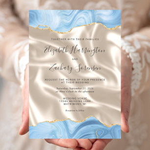 Baby Blue Gold Agate Ivory Silk Wedding Einladung