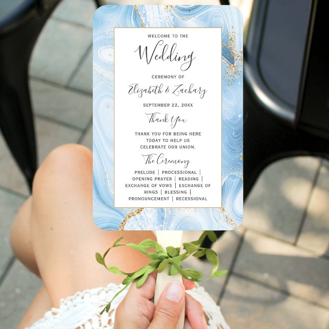 Baby Blue Gold Agate Wedding Program Fächer (Von Creator hochgeladen)