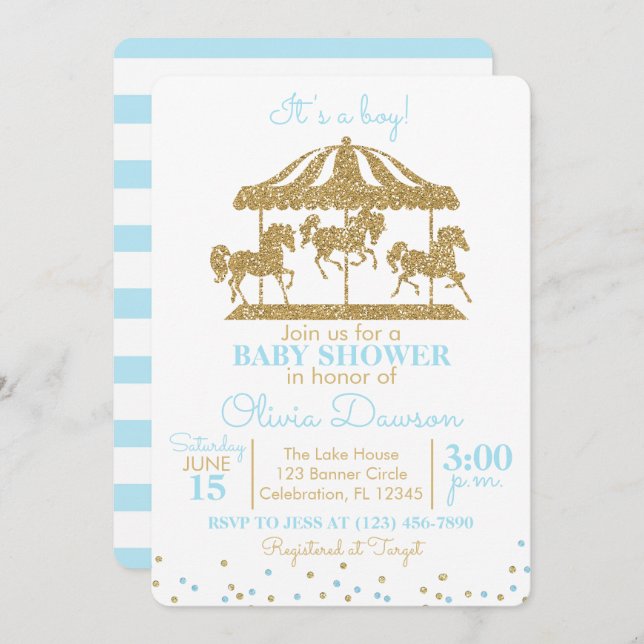 Baby Blue & Gold Carousel Boy Baby Dusche Einladung (Vorne/Hinten)
