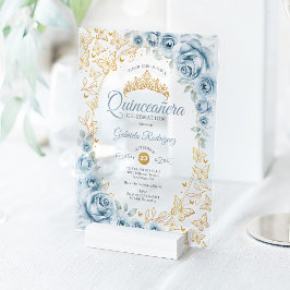 Baby Blue Gold Floral Quinceanera Acryleinladungen