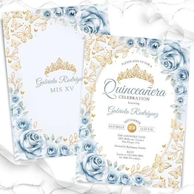 Baby Blue Gold Floral Quinceanera Einladung (Von Creator hochgeladen)