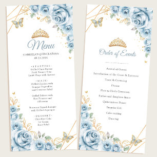 Baby Blue Gold Floral Quinceanera Programmmenü Menükarte
