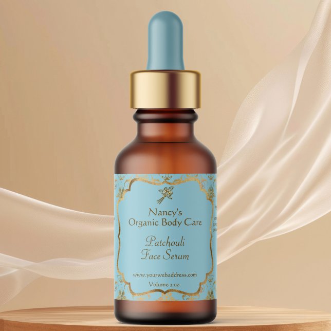 Baby Blue gold foil damask dropper bottle label Adressaufkleber (Von Creator hochgeladen)