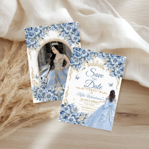 Baby Blue Gold Quinceanera Prinzessin Foto Save The Date