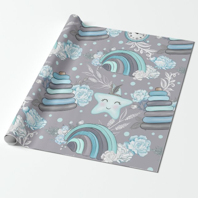 BABY BLUE & GRAY BABY ITEMS RAINBOWS STARTEN GESCHENKPAPIER (Ungerollt)