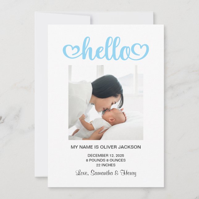 Baby Blue Hello Hearts Script Birth Ankündigung (Vorderseite)