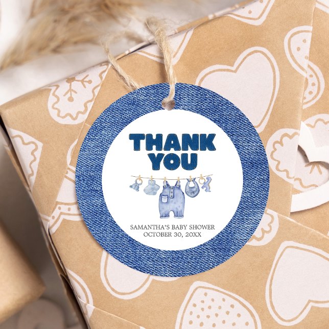 Baby Blue Jean Baby Dusche Round Geschenkanhänger (Blue Jean Denim Baby Shower Favor Tags)