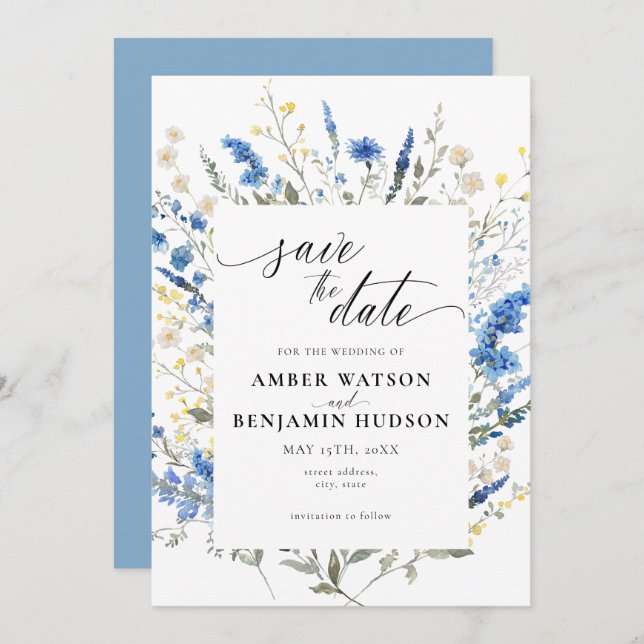 Baby Blue Light Dainty Wild Floral Save the Date Einladung (Vorne/Hinten)