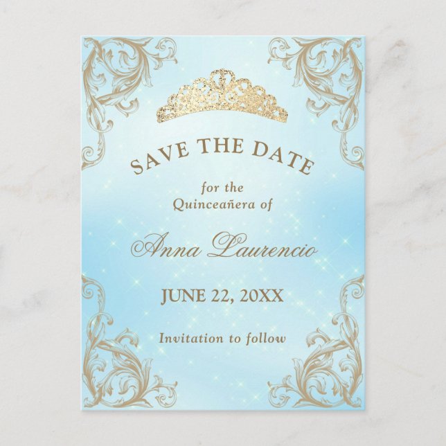 Baby Blue Light Gold Quinceanera Save the Date Postkarte (Vorderseite)