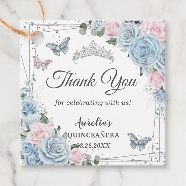 Baby Blue Light Pink Floral Butterfly Quinceñera Geschenkanhänger (Vorderseite)