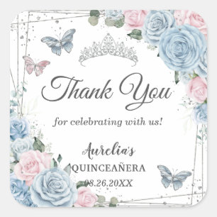 Baby Blue Light Pink Floral Butterfly Quinceñera Quadratischer Aufkleber
