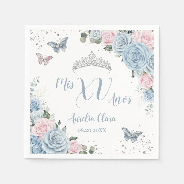 Baby Blue Light Pink Floral Butterfly Quinceñera Serviette (Vorderseite)