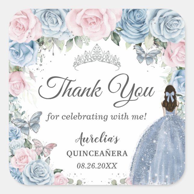 Baby Blue Light Pink Floral Princess Quinceañera Quadratischer Aufkleber (Vorderseite)