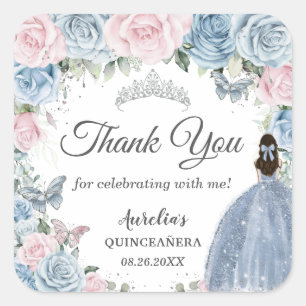 Baby Blue Light Pink Floral Princess Quinceañera Quadratischer Aufkleber