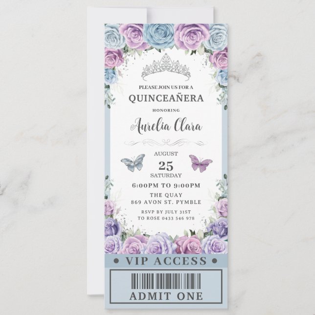 Baby Blue Lila Floral Quinceañera 16 VIP Ticket Einladung (Vorderseite)