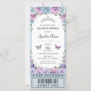 Baby Blue Lila Floral Quinceañera 16 VIP Ticket Einladung
