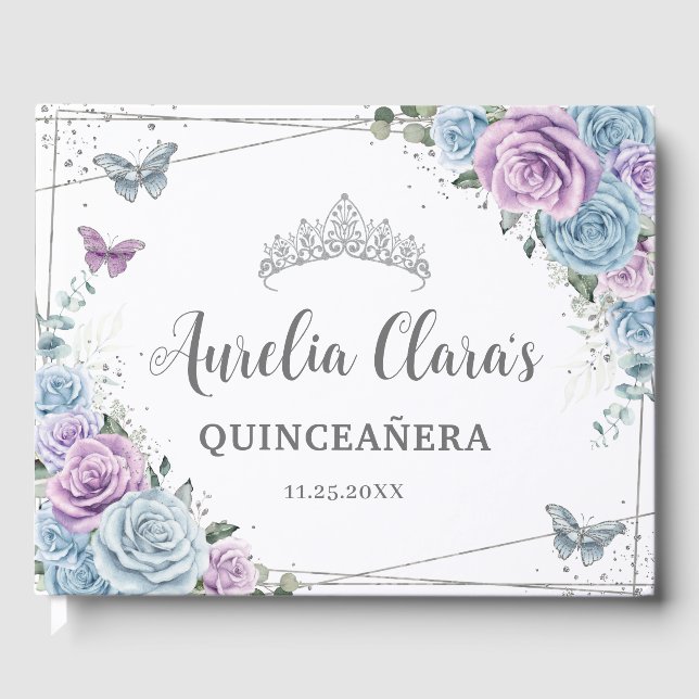 Baby Blue Lila Lilac Floral Silver Quinceañera Gästebuch (Vorderseite)