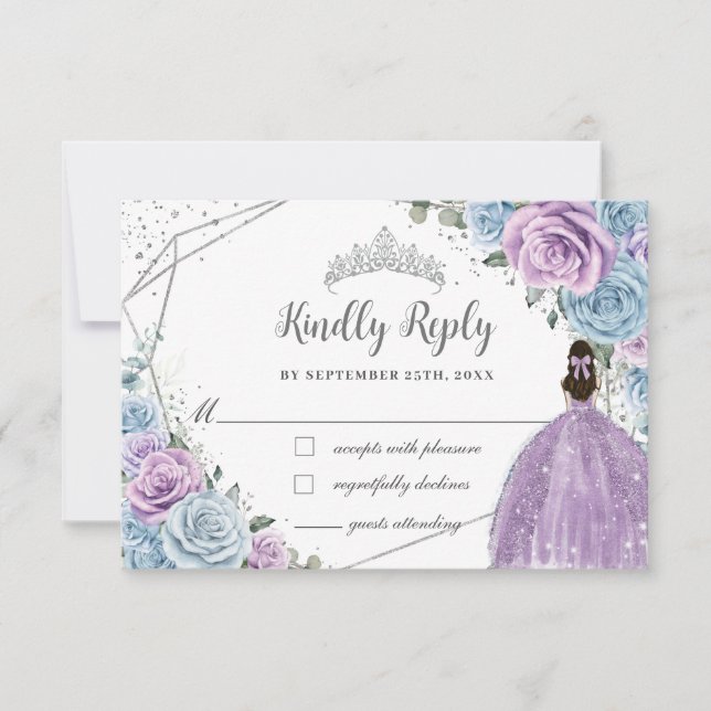 Baby Blue Lila Lilac Floral Silver Quinceañera RSVP Karte (Vorderseite)