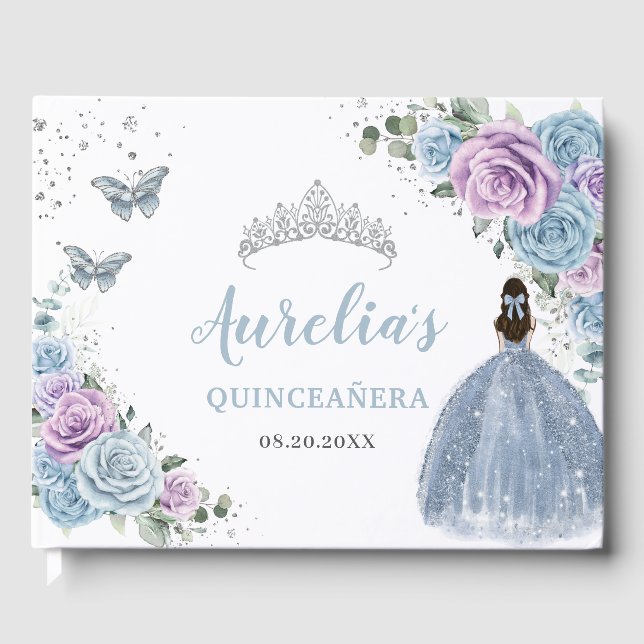 Baby Blue Lilac Floral Princess Silver Quinceañera Gästebuch (Vorderseite)