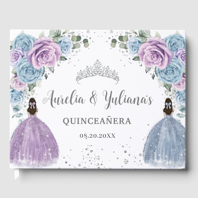 Baby Blue Lilac Floral Princesses Twin Quinceañera Gästebuch (Vorderseite)