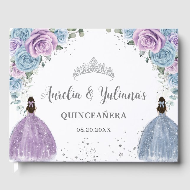 Baby Blue Lilac Floral Princesses Twin Quinceañera Gästebuch (Vorderseite)