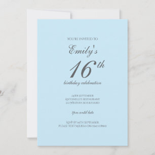 Baby Blue Minimalistisch 16. Geburtstag Einladung