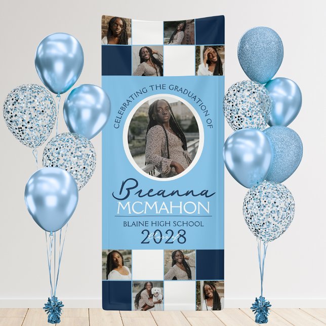 Baby Blue & Navy 9 Foto Collage Abschluss Vinyl Banner (Navy Blue and Baby Blue 9 Photo Vinyl Graduation Hanging Banner. Indoor or Outdoor Use!)