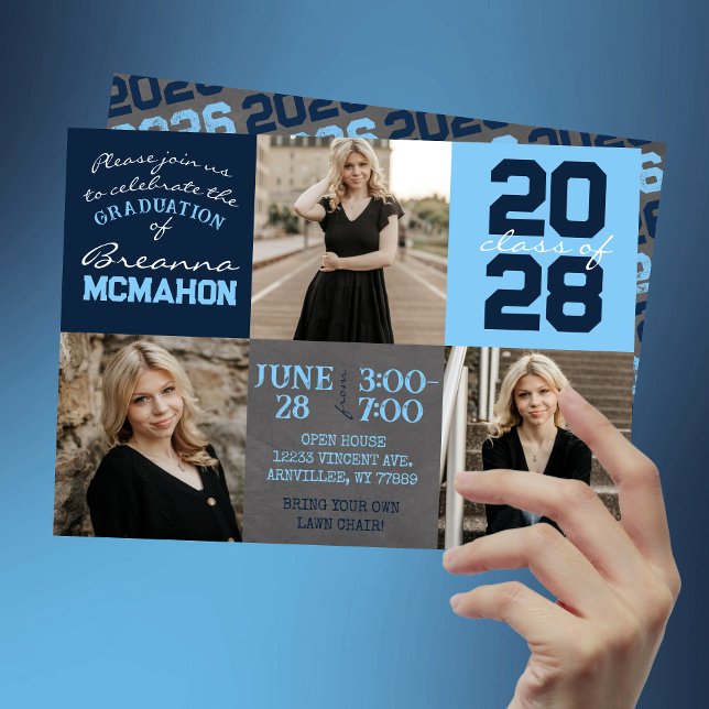 Baby Blue & Navy Chalkboard 3-Foto-Abschluss Einladung (Baby Blue and Navy Chalkboard 3 Photo Graduation Invitations)