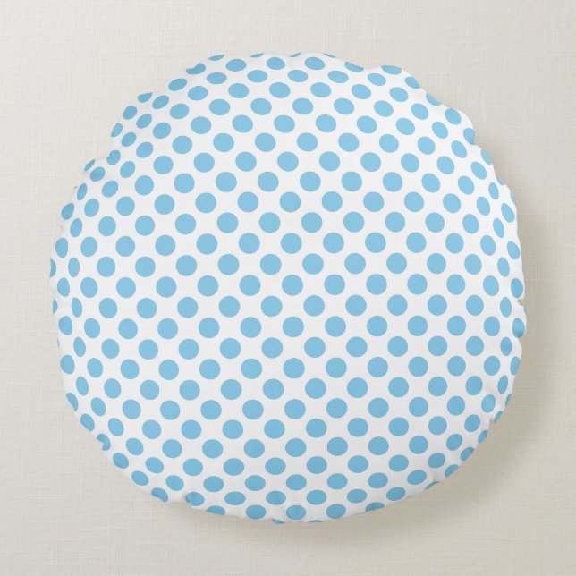 Baby Blue on White Medium Size Polka Dots Rundes Kissen (Vorderseite)