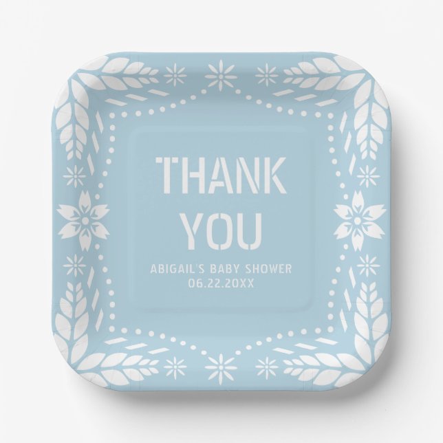 Baby Blue Papel picado Danke Baby Girl Dusche Pappteller (Vorderseite)
