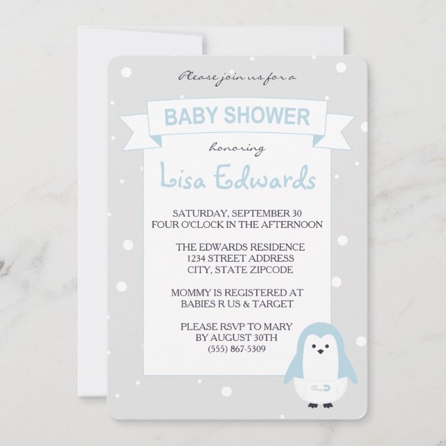 Baby Blue Pinguin Baby Dusche Einladung (Vorderseite)