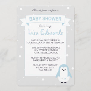 Baby Blue Pinguin Baby Dusche Einladung