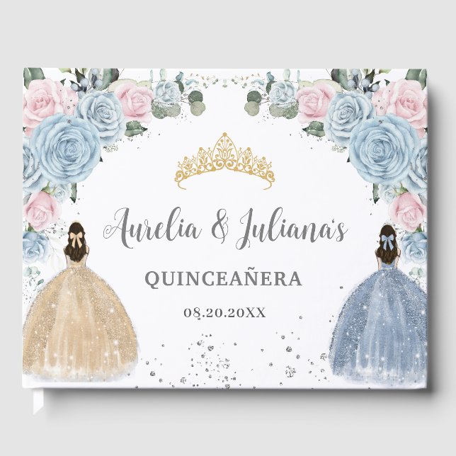 Baby Blue Pink Floral Princesses Twins Quinceañera Gästebuch (Vorderseite)