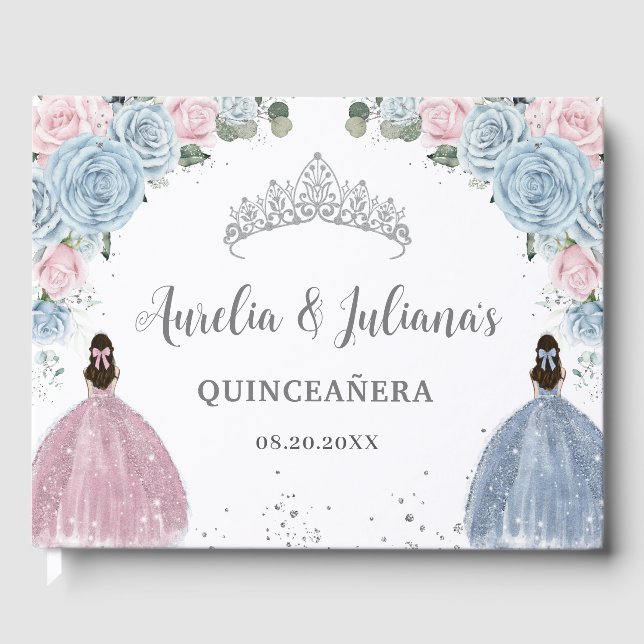 Baby Blue Pink Floral Princesses Twins Quinceañera Gästebuch (Vorderseite)