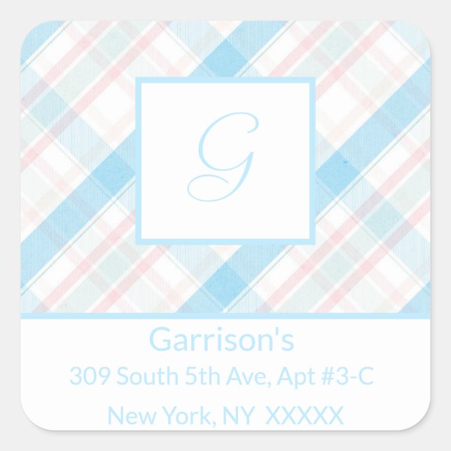 Baby Blue & Pink Karierte Rücksendeadresse Etikett Quadratischer Aufkleber (Vorderseite)