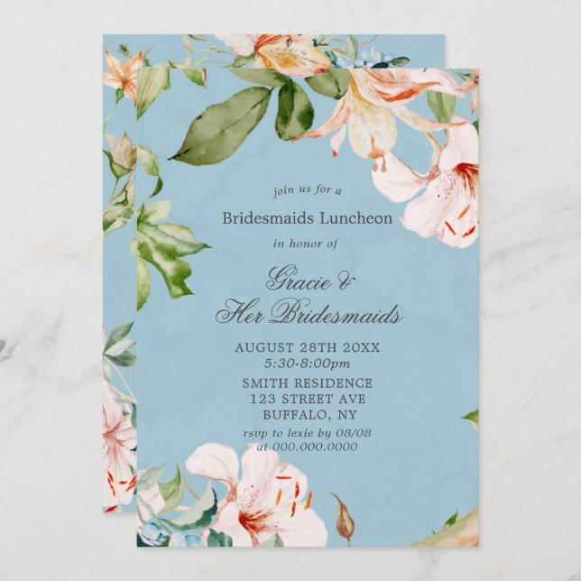 Baby Blue Pink Lily Bridesmaids Luncheon Invites (Vorne/Hinten)