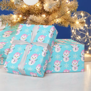 Baby Blue, Pink & White Christmas Snowman Geschenkpapier
