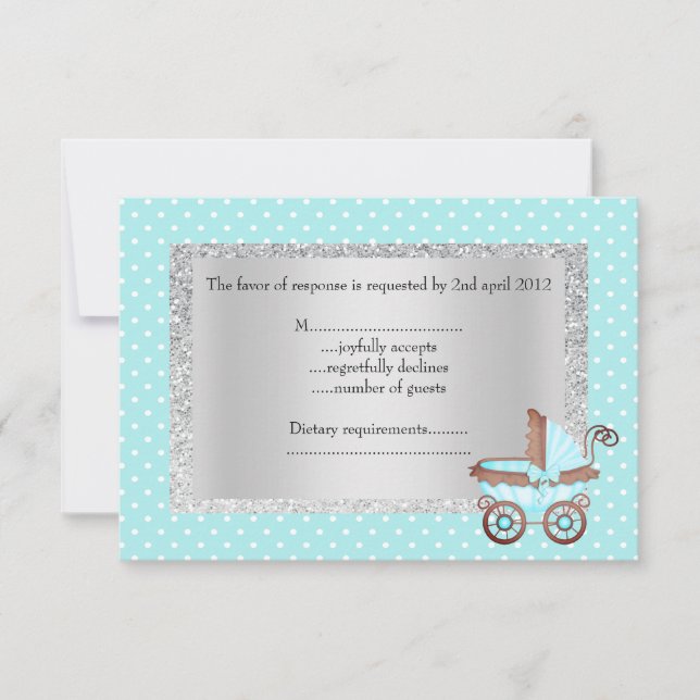 Baby Blue Polka dot pram uAwg REVISION new RSVP Karte (Vorderseite)