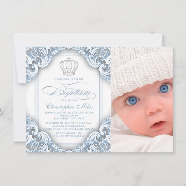 Baby Blue Prince Crown Taufe Einladung (Vorderseite)