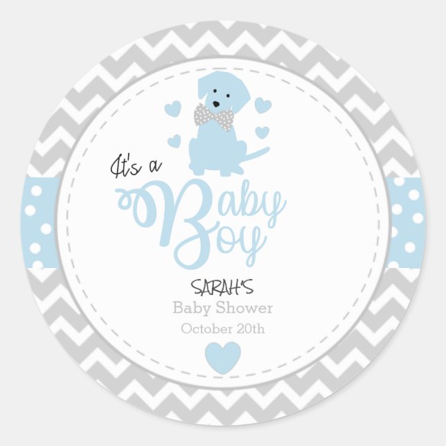 Baby Blue Puppy Baby Shower Stickers (Vorderseite)