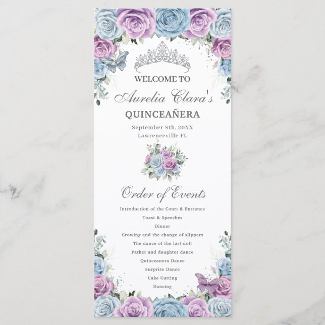 Baby Blue Purple Floral Quinceañera Order Events Programm (Vorderseite)