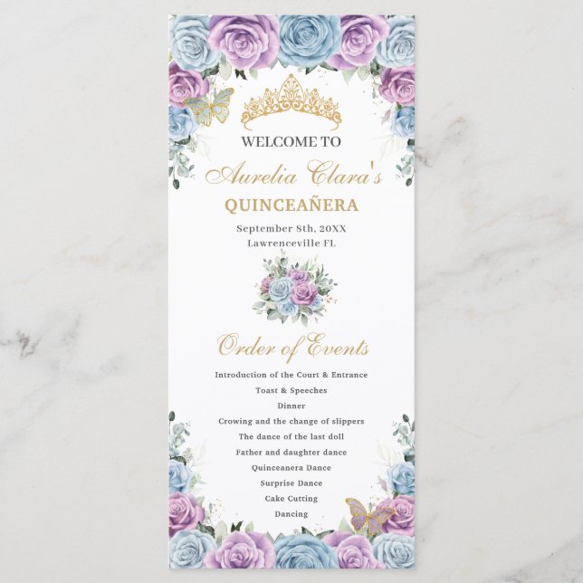 Baby Blue Purple Floral Quinceañera Order Events Programm (Vorderseite)