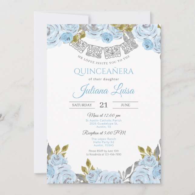 Baby Blue Quince, Light Blue Mexican Quinceanera Einladung (Vorderseite)