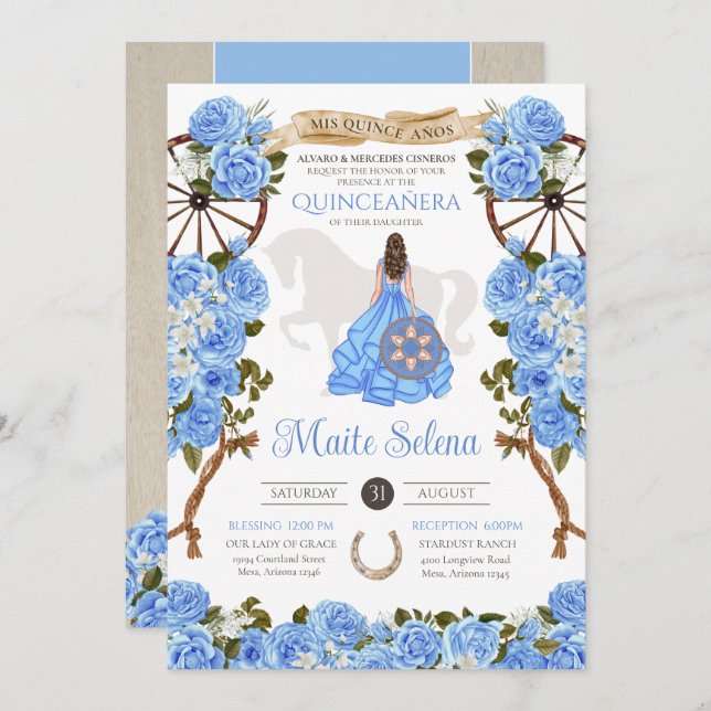 Baby Blue Quinceanera Elegante Rose Western Charra Einladung (Vorne/Hinten)