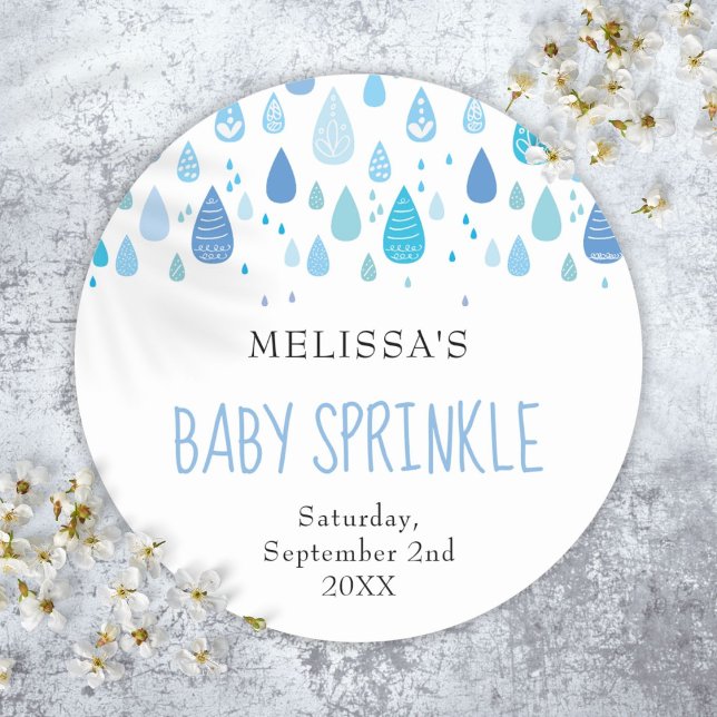 Baby Blue Raindrops Baby Sprinkle Dusche Runder Aufkleber (Baby Blue Raindrops Baby Sprinkle Shower Classic Round Sticker)
