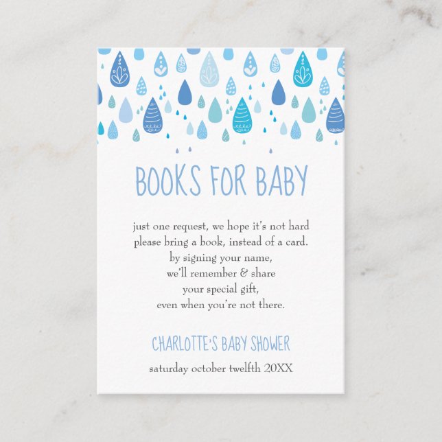 Baby Blue Raindrops Book Request Baby Shower Begleitkarte (Vorderseite)