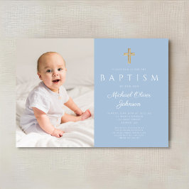 Baby Blue Religious Cross Boy Foto Taufe Einladung