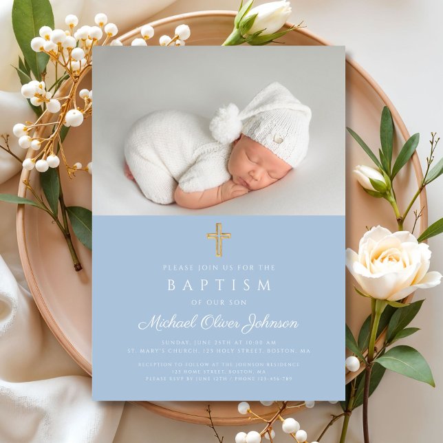 Baby Blue Religious Cross Boy Foto Taufe Einladung (Baby Blue Religious Cross Boy Photo Baptism Invitation)