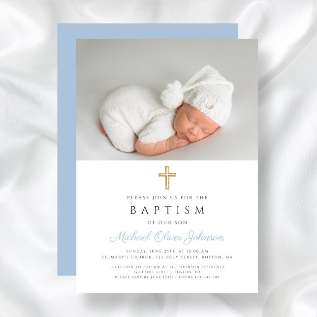 Baby Blue Religious Cross Boy Foto Taufe Einladung (Baby Blue Religious Cross Boy Photo Baptism Invitation)