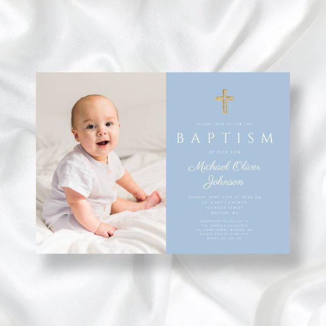 Baby Blue Religious Cross Boy Foto Taufe Einladung (Baby Blue Religious Cross Boy Photo Baptism Invitation)